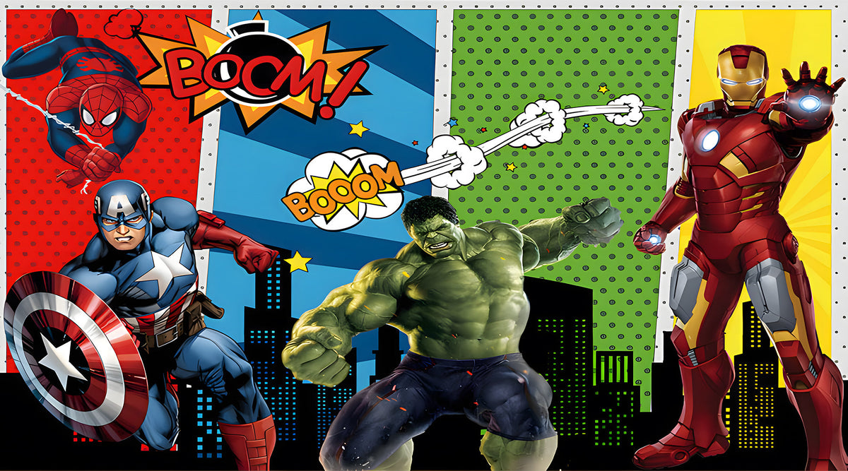 Set de decoración Vengadores Marvel: fondo circular y fundas para columnas. Decoración de superhéroes para cumpleaños de niños, ideal para sesiones de fotos y cake smash.