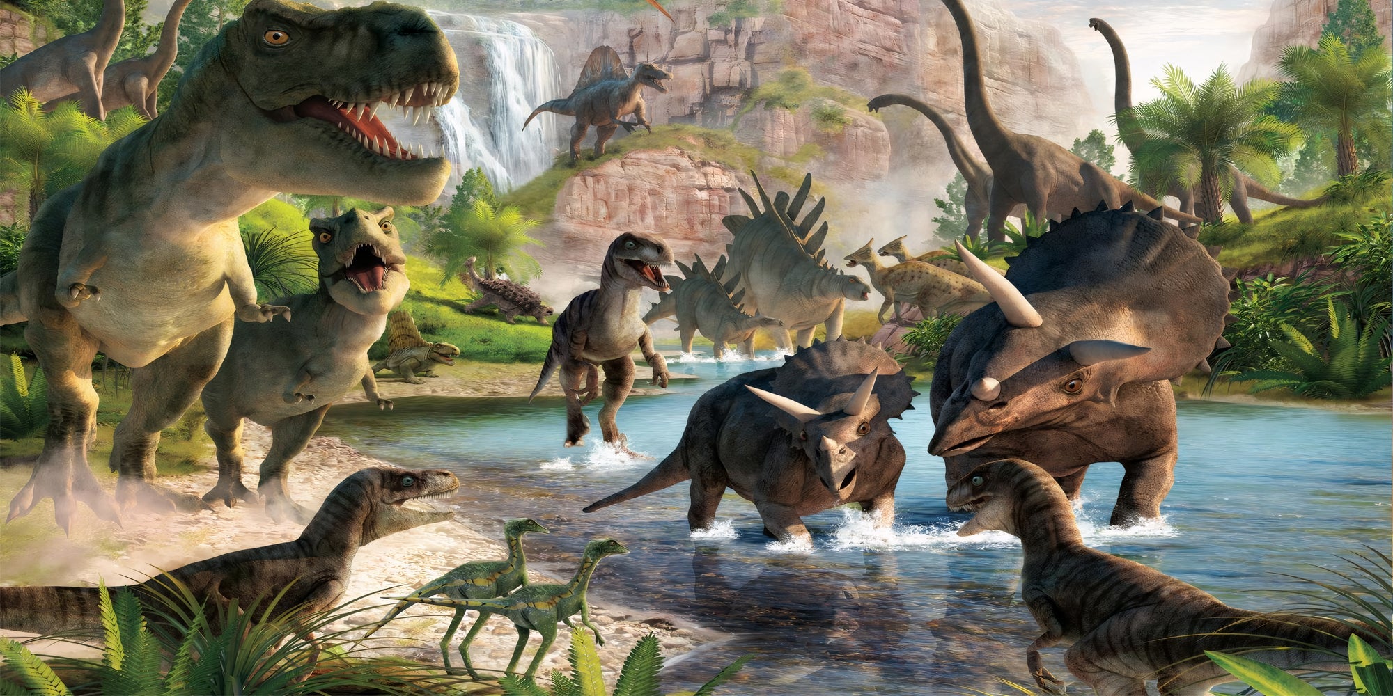 Decoración de fiesta de dinosaurios Jurassic. Fondo selvático, arco de globos y accesorios ideal para cumpleaños de niños. Envío rápido, compra ya.