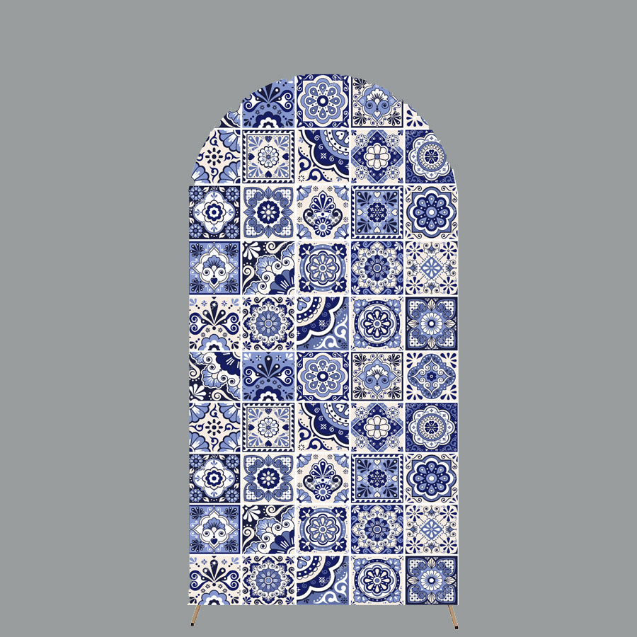 Customize Size Blue and White Porcelain Photo Background Cover Inspo Tile Arch Chiara Theme Background Double Side Elastic Covers
