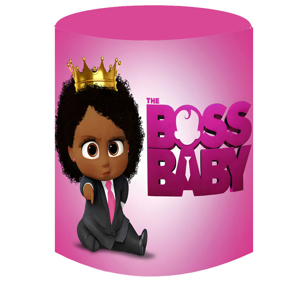 Customize Boss Baby Girls Round Backdrop Pink Birthday Party Circle Background Cylinder Plinth Covers