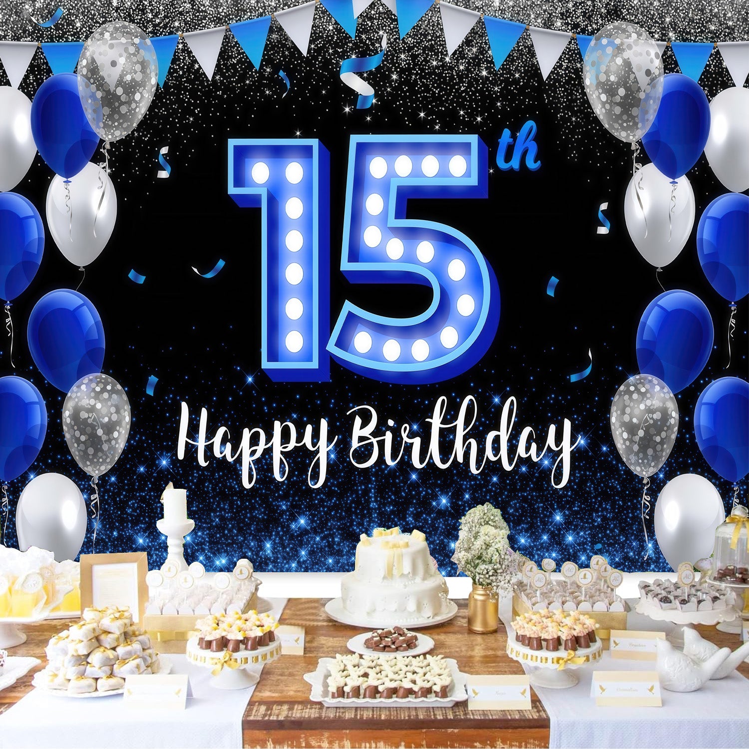 Custom 15th Happy Birthday Background Banner Balloons Party Photography Backdrop
