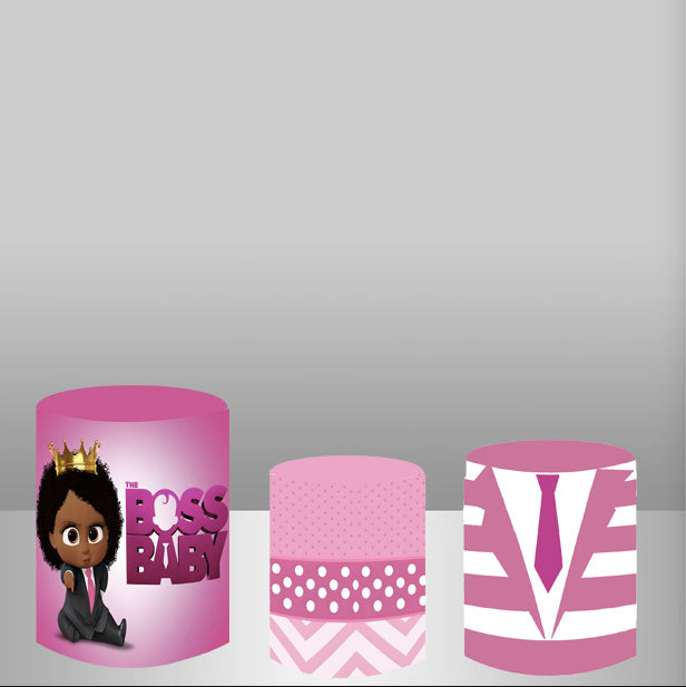 Customize Boss Baby Girls Round Backdrop Pink Birthday Party Circle Background Cylinder Plinth Covers