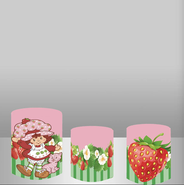 Cubierta redonda de telón de fondo de fresa con nombre personalizado para fundas de plinto cilíndrico de niñas rosas
