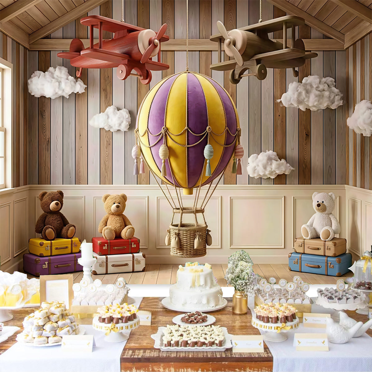 Custom Hot Air Balloon Model Plane Bear Photo Backdrop Banner