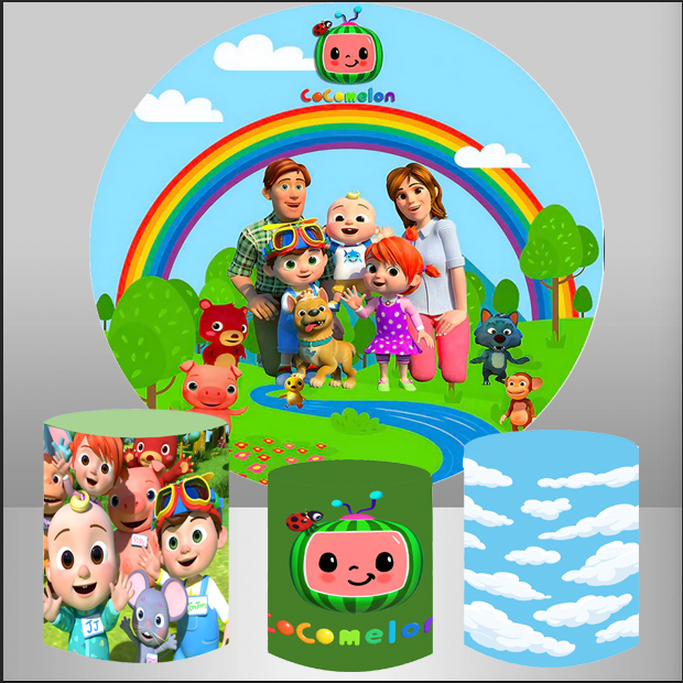 Fondo redondo personalizado de la familia del melón, fondo circular de animales del arco iris, decoración de estudio fotográfico para cumpleaños de niño o niña, cubiertas de plinto cilíndrico