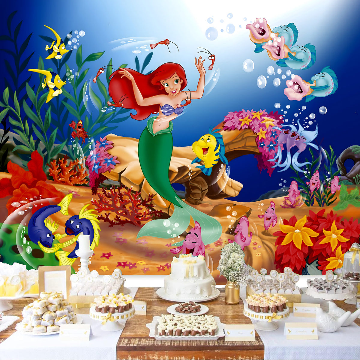 Toile de fond de bannière pour fête d'anniversaire La Petite Sirène pour filles