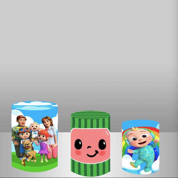 Customize Cocomelon Round Backdrop Coco melon Family Birthday Circle Background Cylinder Plinth Covers