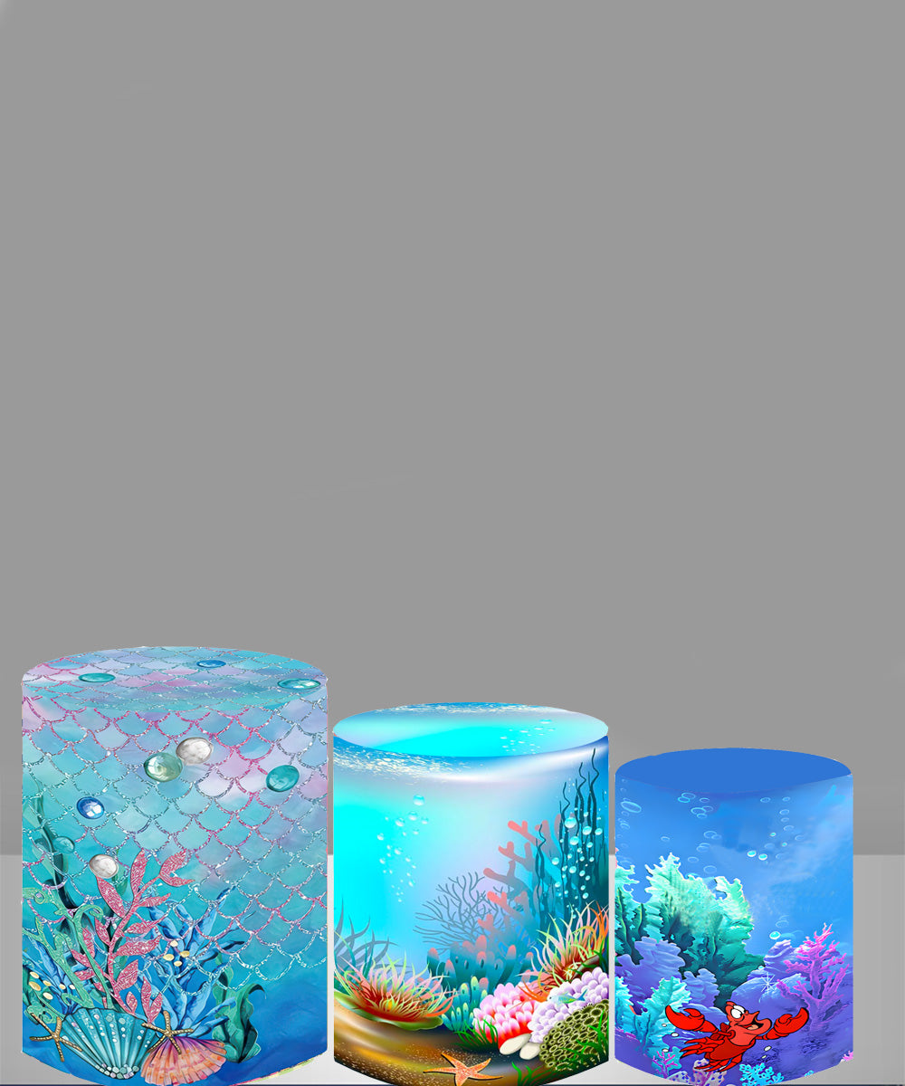 Mermaid Round Backdrops Fish Ocean Circle Background Girls Birthday Party Cylinder Plinth Covers Covers