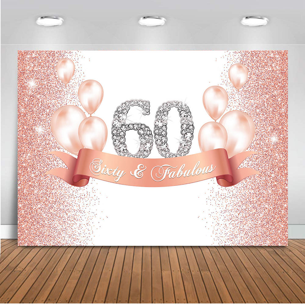 Customized Birthday 60th happy birthday party backdrop for photography pink gold gliiter background for photo booth studio air balloon back drop