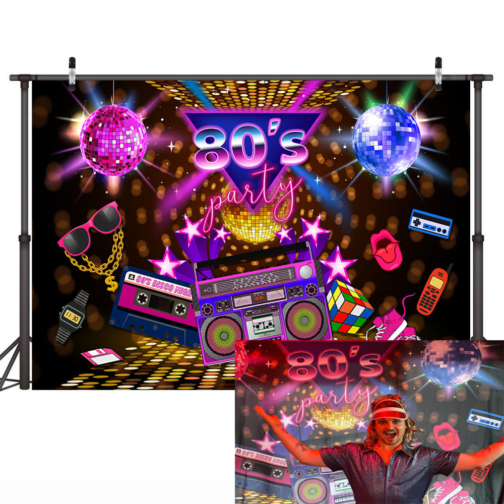 Fondo de fiesta de los 80, tema de discoteca, foto de estilo Retro, fondo de cumpleaños de los 80, letrero, accesorios de fotomatón de neón de los años 80