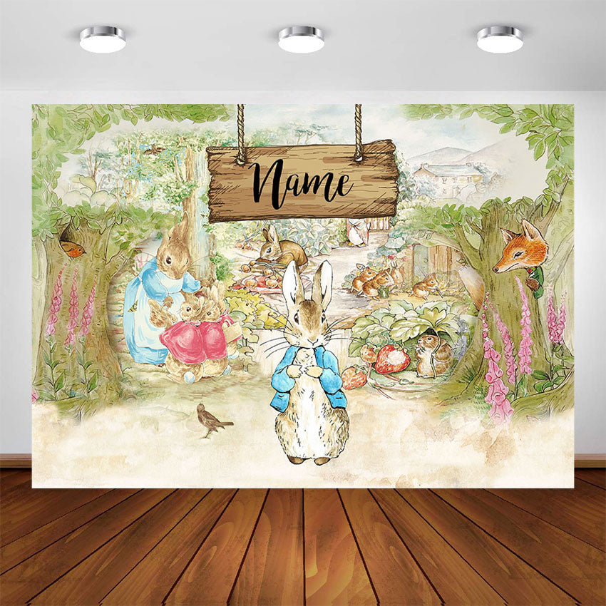 Customized Name Baby Rabbit Birthday Party Backdrop Spring Easter Bunny Birthday Decorations Banner