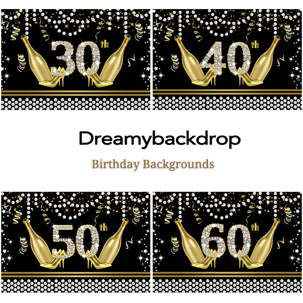 Fondo de feliz cumpleaños 30, 40, 50, 60, purpurina, champán, perla, decoración de fiesta de cumpleaños para hombres o mujeres, fondo de fotografía, accesorios de pancarta de cumpleaños negros