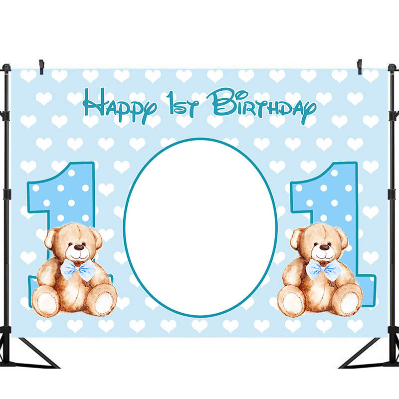 Personalized Boy Happy 1st Birthday Blue Backdrop Baby Shower Photography Background Poster Dessert Table Decorations Props