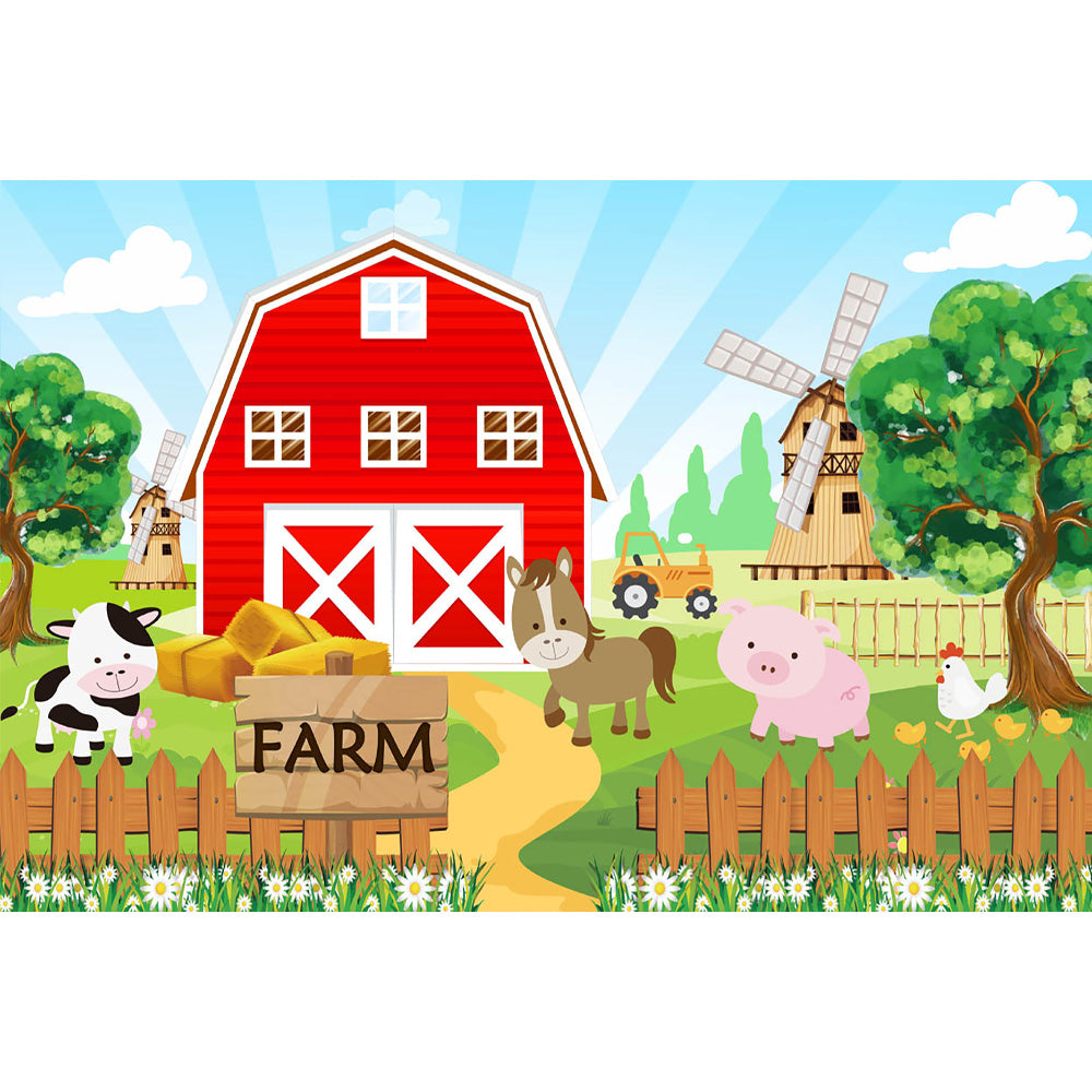 Cartoon Farm Theme Barn Domestic Animals Rustic Happy Birthday Banner Photo Background Child Party Decoration Banner Backdrops for Photography