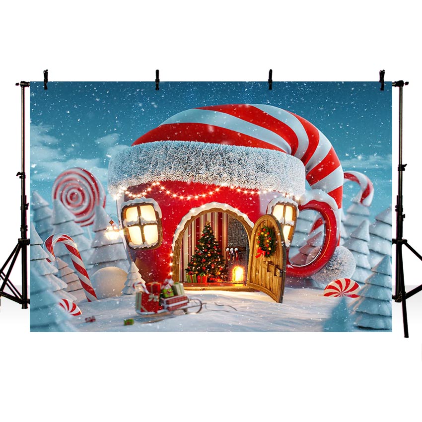 Navidad Whoville Candy Canes House Telón de fondo Invierno Nieve Cuento de hadas Copo de nieve Decoración de fiesta de Navidad Bebé Niños Fotografía de fondo