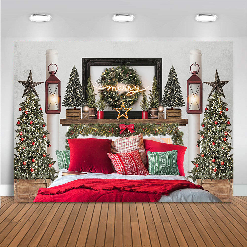 Telón de fondo con tema de dormitorio de Navidad, decoración de árbol, corona, luz, fotografía, cumpleaños, Feliz Navidad, almohada roja, foto