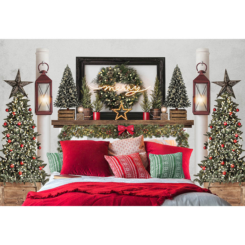 Telón de fondo con tema de dormitorio de Navidad, decoración de árbol, corona, luz, fotografía, cumpleaños, Feliz Navidad, almohada roja, foto