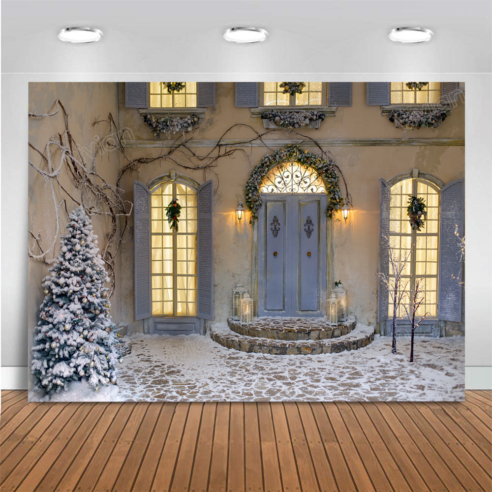Fondo de fotografía de Navidad, Fondo de fotografía de árbol de Navidad, nieve, puerta de invierno, suelo, accesorios fotográficos