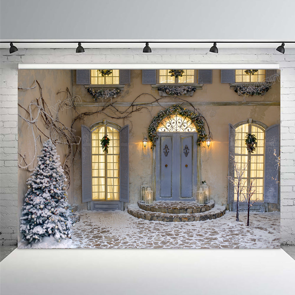 Fondo de fotografía de Navidad, Fondo de fotografía de árbol de Navidad, nieve, puerta de invierno, suelo, accesorios fotográficos