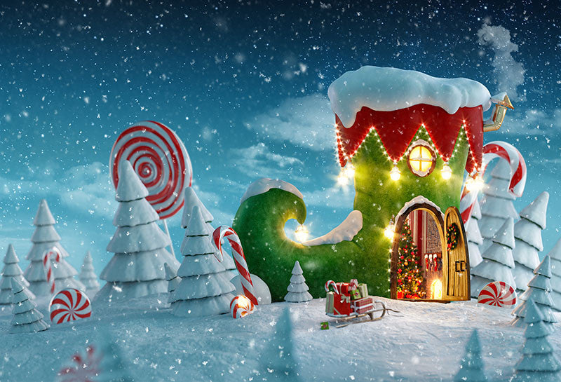Fondo de fotografía de Navidad nieve de invierno botas de Papá Noel regalo de casa Candyland niños retrato telón de fondo estudio fotográfico