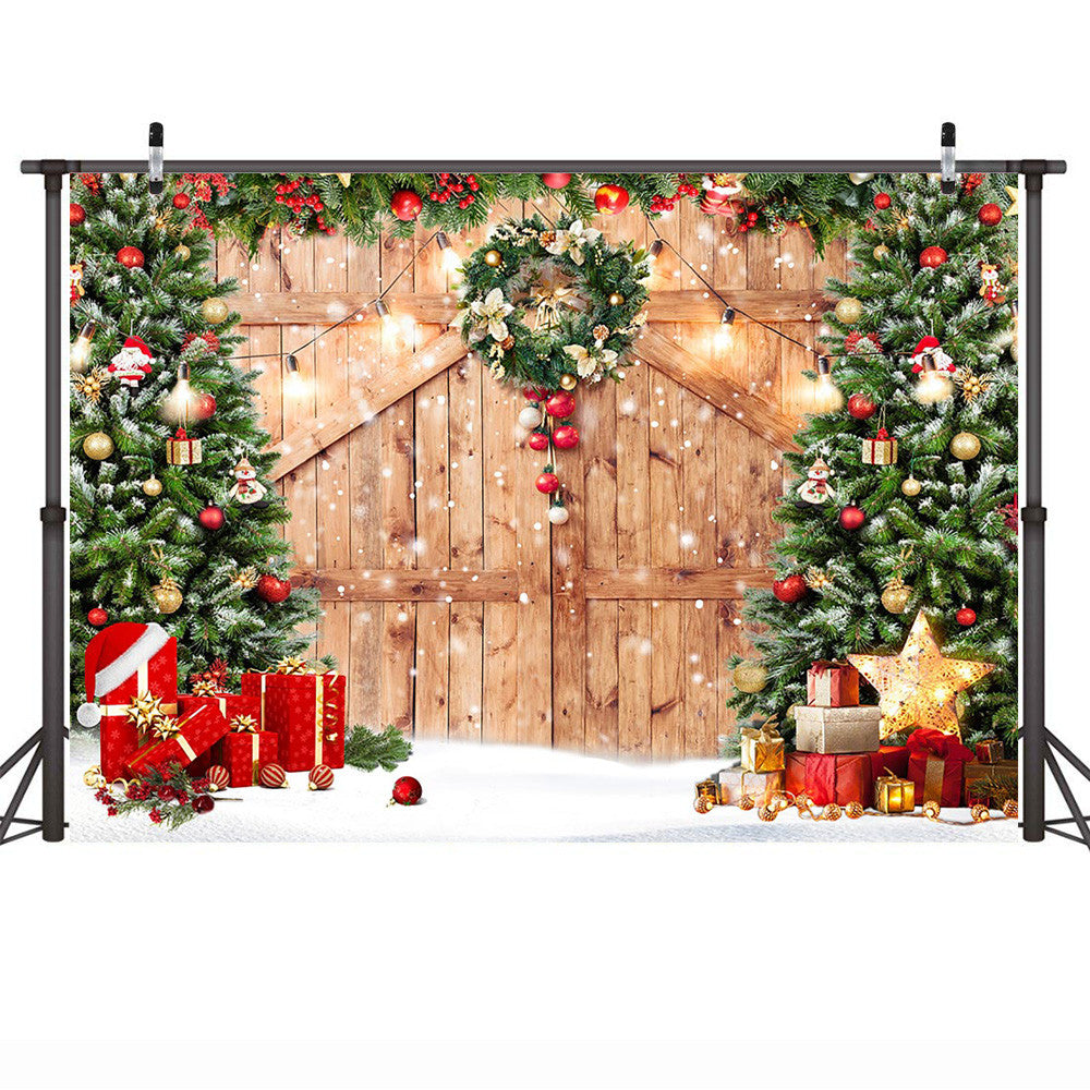 Fondo de puerta de madera de Granero rústico de Navidad, sesión fotográfica, regalo de árbol de Navidad, retrato de cumpleaños, fondo, decoración de fiesta, Festival de invierno y nieve