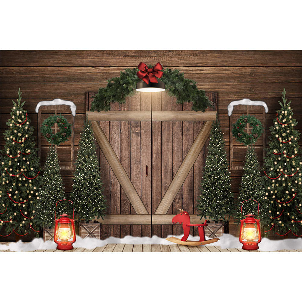 Navidad Puerta rústica Pastel de cumpleaños Smash Telón de fondo Árboles de Navidad Guirnalda Lámpara de fondo Nieve Invierno Fotografía de retrato retro