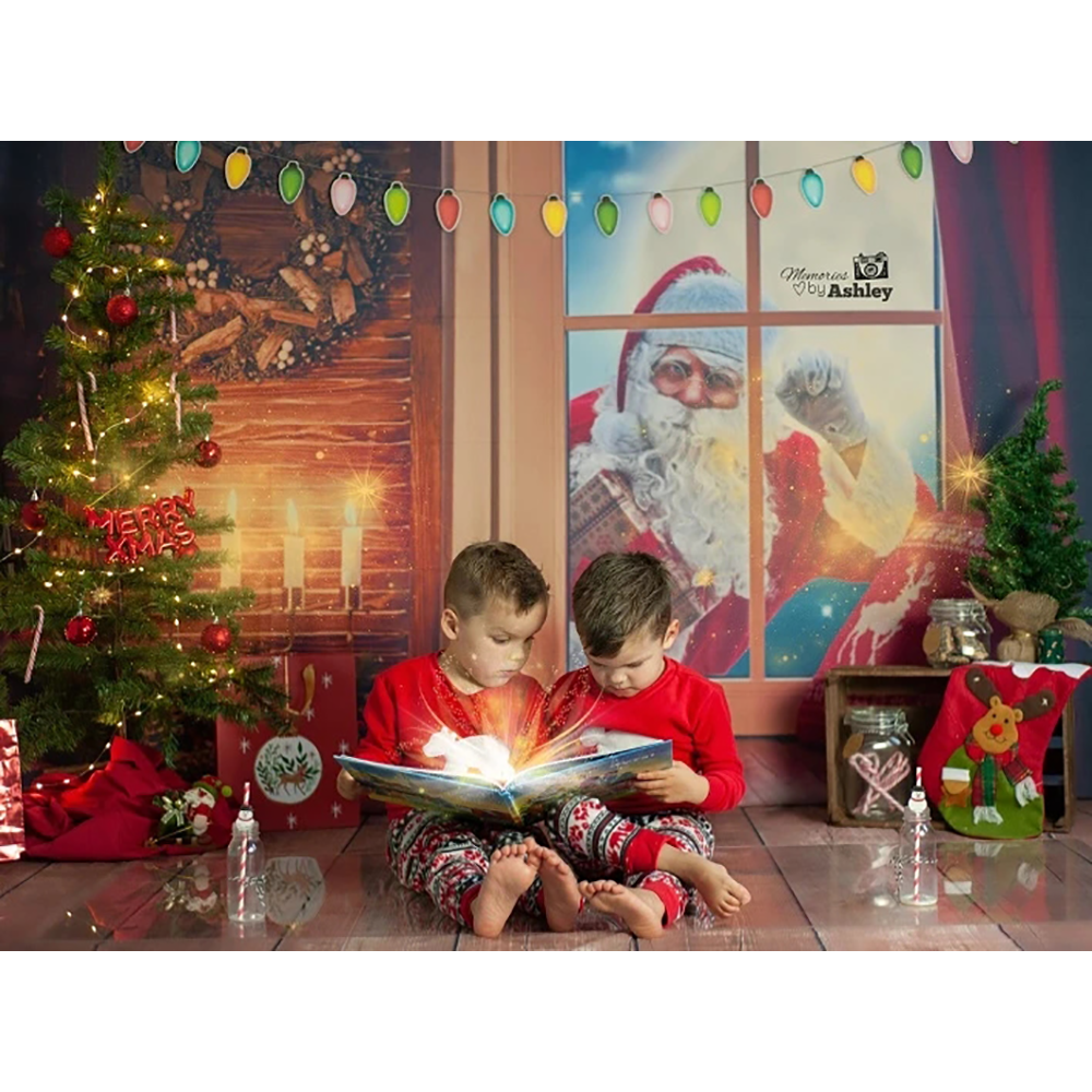 Arrière-plan de noël, neige, lune, cadeau du père noël, arrière-plan pour Portrait d'enfants, pour photographie, couronne de bougies allumées, accessoires de décoration