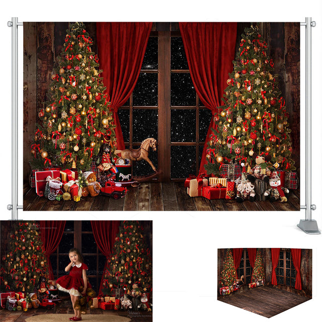 Christmas Toys Backdrop Kids Kids Girl Portrait Trees Bears Window Props Wood Floor Festival Banner Baby Child Photo studio Props