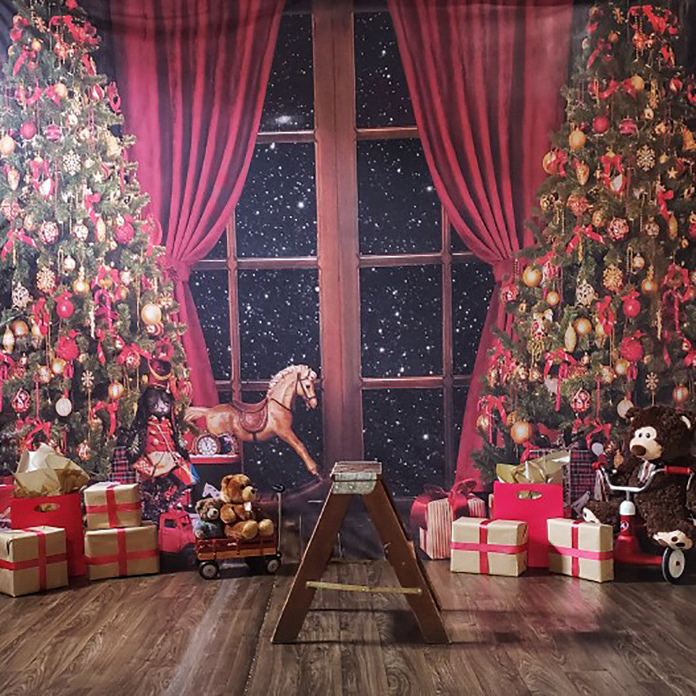 Christmas Toys Backdrop Kids Kids Girl Portrait Trees Bears Window Props Wood Floor Festival Banner Baby Child Photo studio Props