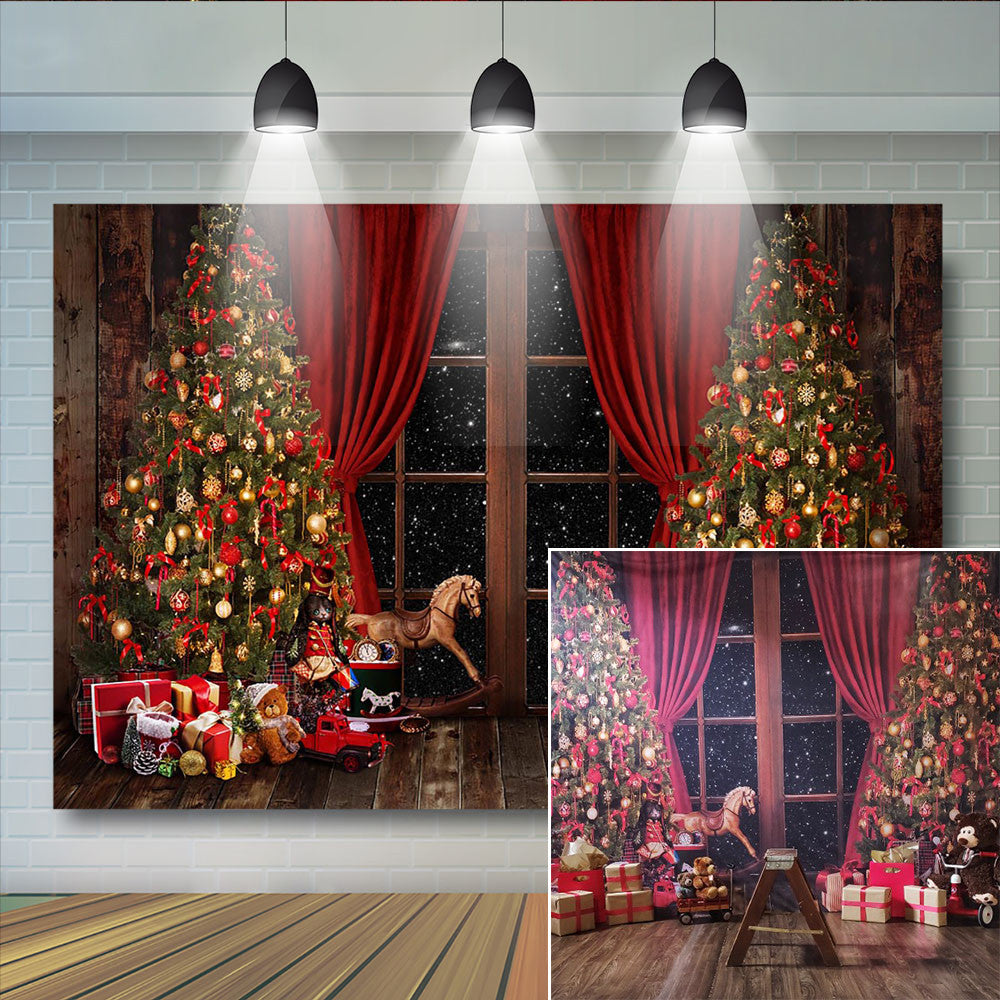 Christmas Toys Backdrop Kids Kids Girl Portrait Trees Bears Window Props Wood Floor Festival Banner Baby Child Photo studio Props