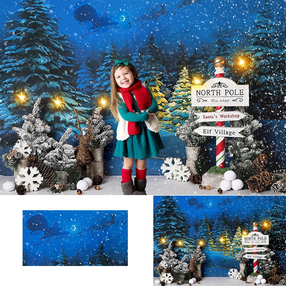 Fondo de Navidad, invierno, nieve, noche, Papá Noel, Reno, árboles, accesorios de estudio fotográfico, papel tapiz de Año Nuevo, decoración de fiesta familiar
