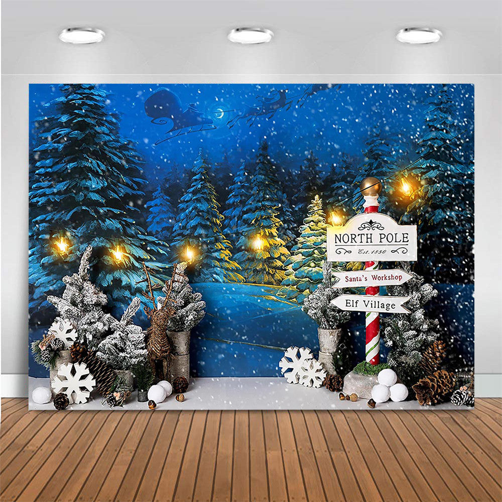 Fondo de Navidad, invierno, nieve, noche, Papá Noel, Reno, árboles, accesorios de estudio fotográfico, papel tapiz de Año Nuevo, decoración de fiesta familiar