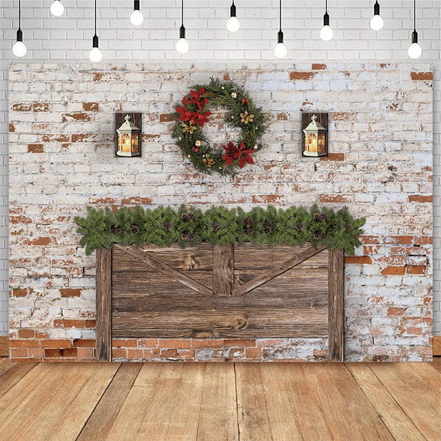 Toile de fond de tête de lit de noël pour mur de briques délabré, décor de couronne de noël, arrière-plan de Studio photographique d'anniversaire