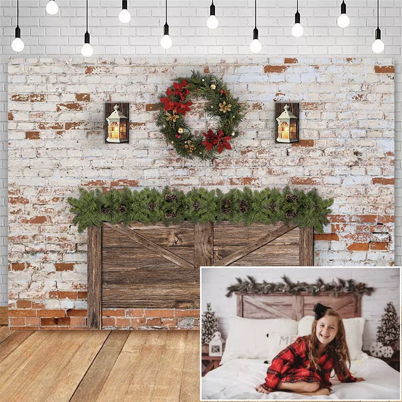 Toile de fond de tête de lit de noël pour mur de briques délabré, décor de couronne de noël, arrière-plan de Studio photographique d'anniversaire