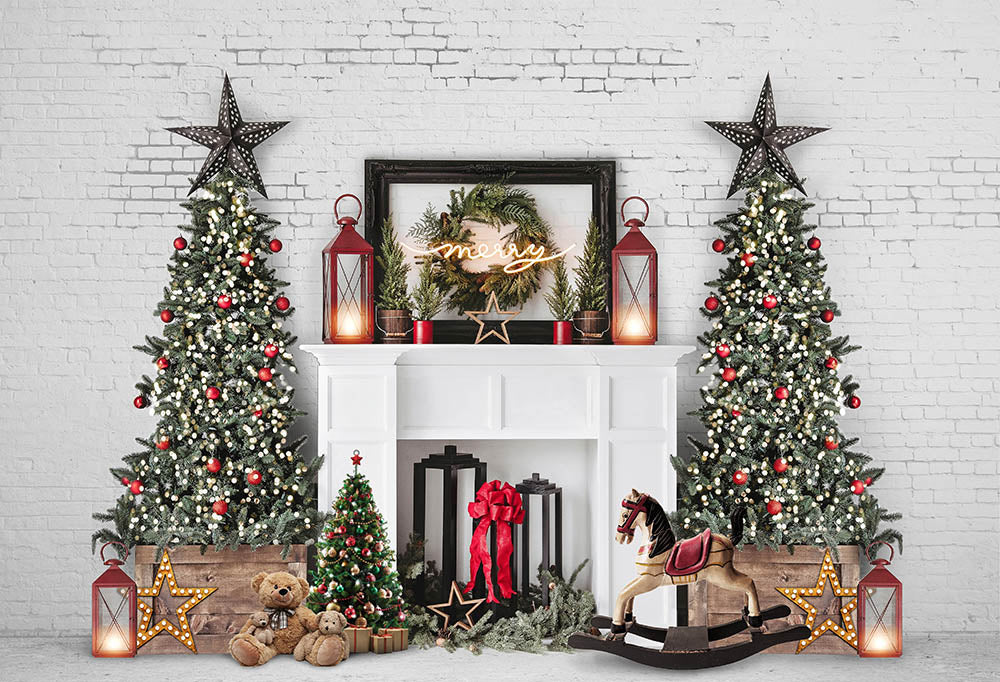 Fondo de fotografía de Navidad árbol de Navidad pared de ladrillo blanco telón de fondo chimenea decoración de fiesta infantil Prop Banner estudio