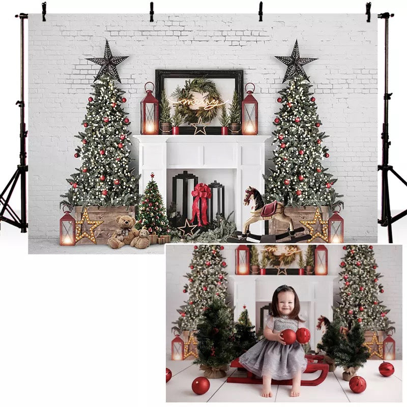Fondo de fotografía de Navidad árbol de Navidad pared de ladrillo blanco telón de fondo chimenea decoración de fiesta infantil Prop Banner estudio