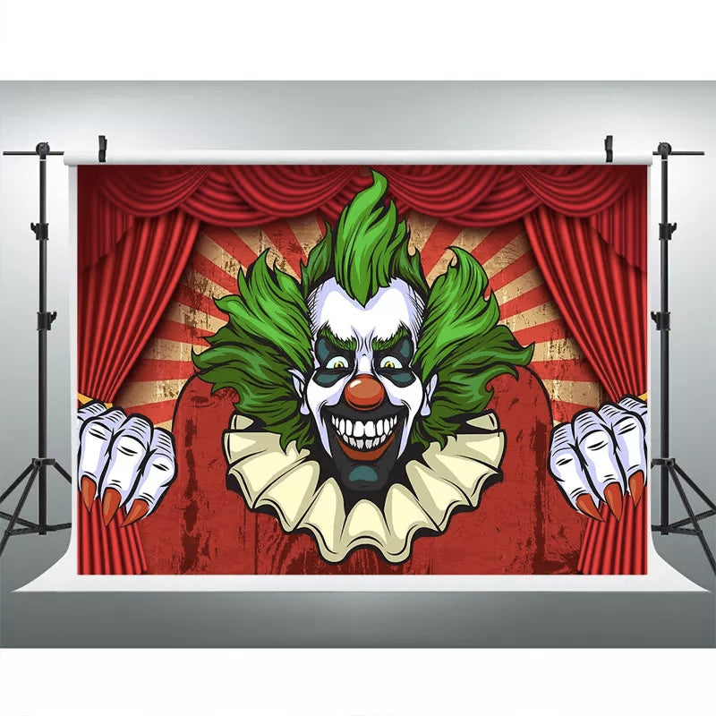 Fondo de tienda de campaña roja de circo, fondo de foto de fiesta de cumpleaños de payaso de terror de Halloween, pancarta decorativa de actividad, fondos de fotografía
