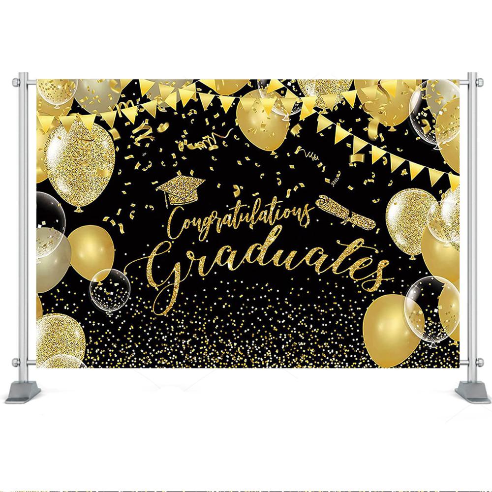 Fondo de graduación de clase, felicidades, celebración de clase de graduación, decoración de fiesta, fondo fotográfico de globo con brillo negro y dorado