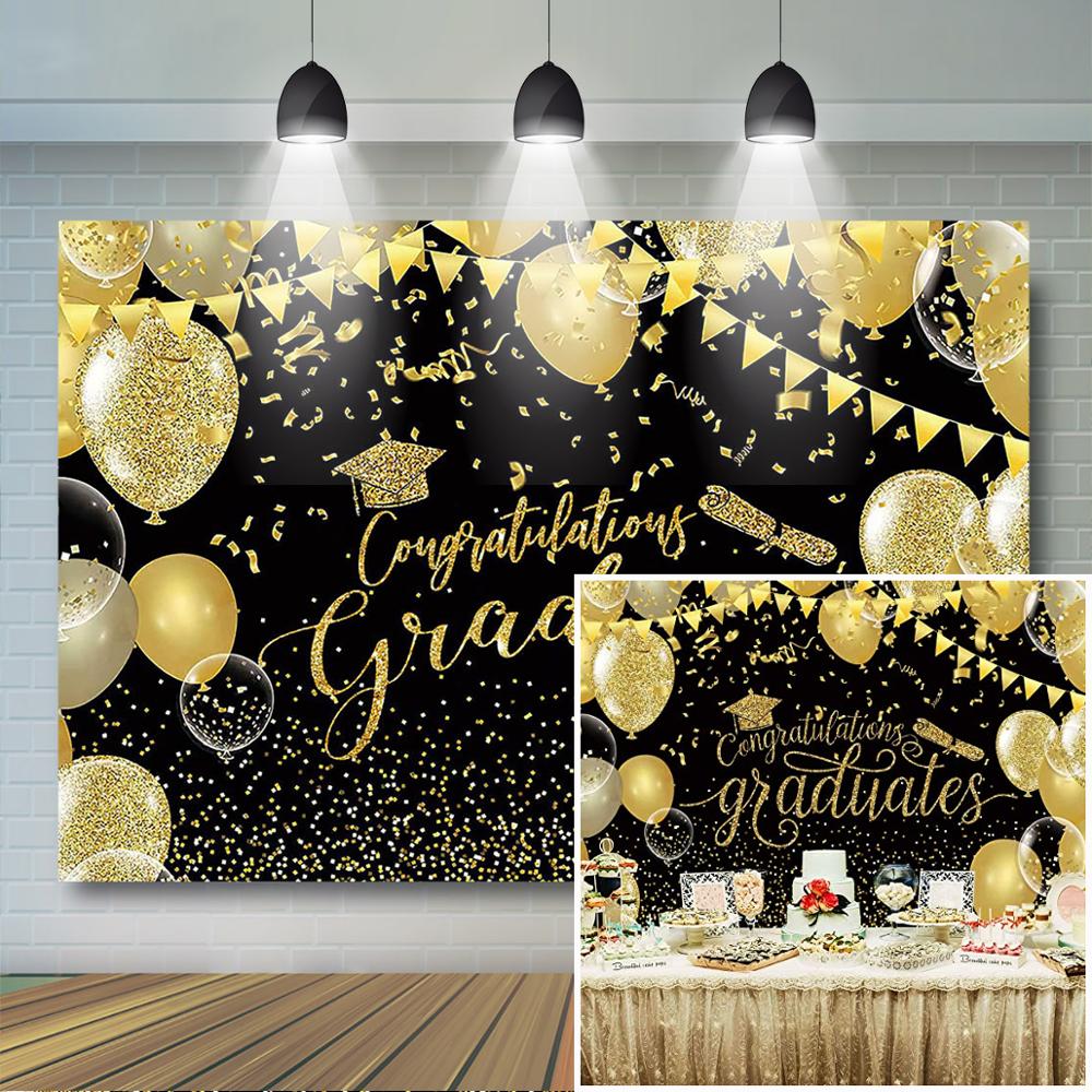 Fondo de graduación de clase, felicidades, celebración de clase de graduación, decoración de fiesta, fondo fotográfico de globo con brillo negro y dorado