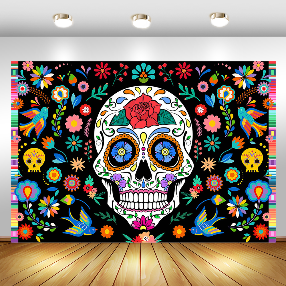Toile DE fond DU jour des morts pour Fiesta mexicaine, crâne en sucre, fleurs, arrière-plan DE photographie, bannière DE décoration DE Dia DE Los Muertos