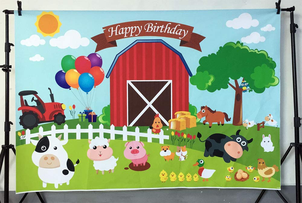 Fondo de fotografía con tema de granja de dibujos animados, granero, animales domésticos, cartel rústico de feliz cumpleaños para niños, Ideas de decoración para fiesta infantil