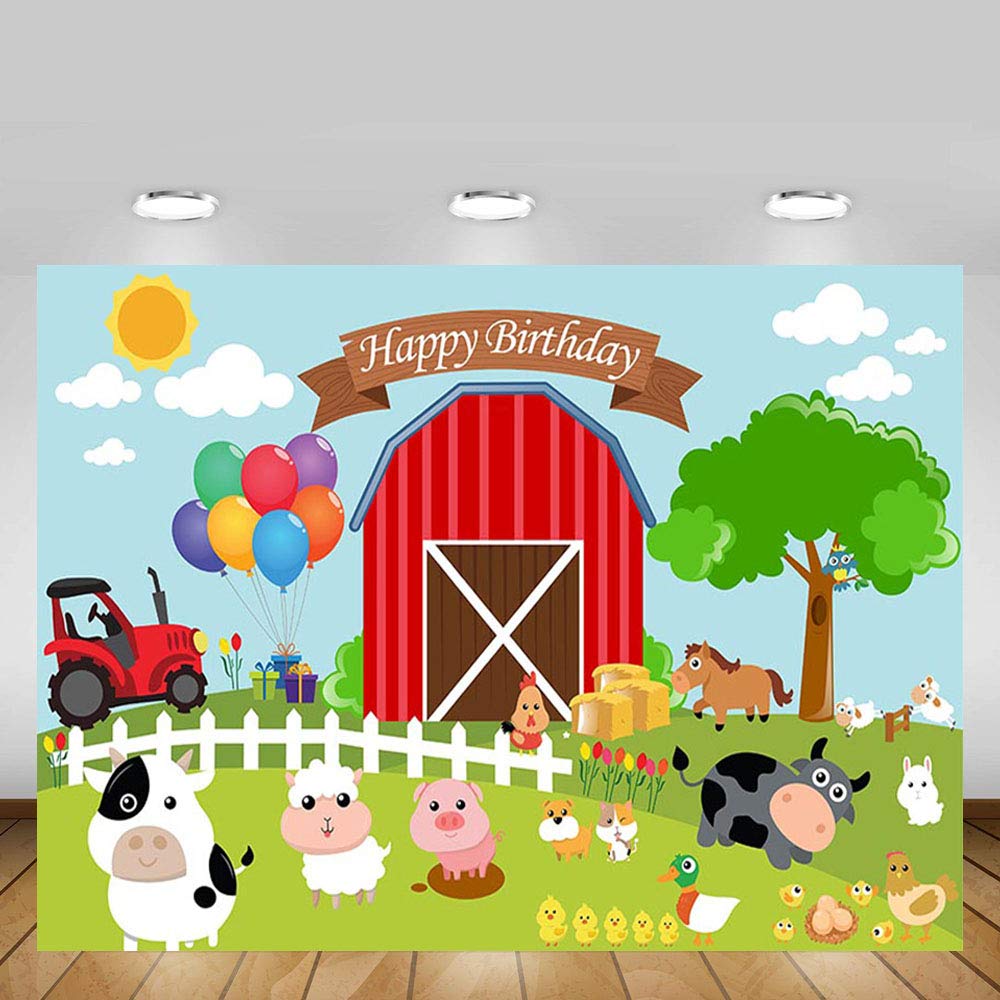 Fondo de fotografía con tema de granja de dibujos animados, granero, animales domésticos, cartel rústico de feliz cumpleaños para niños, Ideas de decoración para fiesta infantil