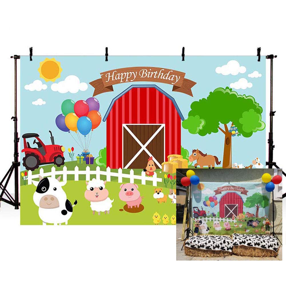 Fondo de fotografía con tema de granja de dibujos animados, granero, animales domésticos, cartel rústico de feliz cumpleaños para niños, Ideas de decoración para fiesta infantil