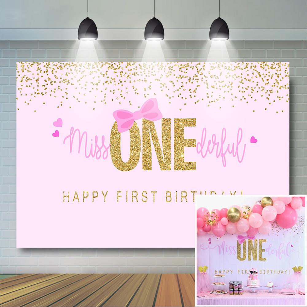Toile de fond pour 1er anniversaire de filles, avec nœud rose et points dorés, décor de fête d'anniversaire pour filles, bannière d'anniversaire Little Miss Onederful