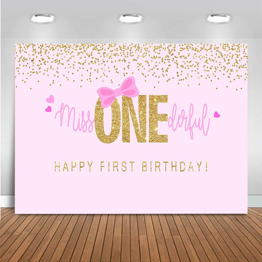 Toile de fond pour 1er anniversaire de filles, avec nœud rose et points dorés, décor de fête d'anniversaire pour filles, bannière d'anniversaire Little Miss Onederful