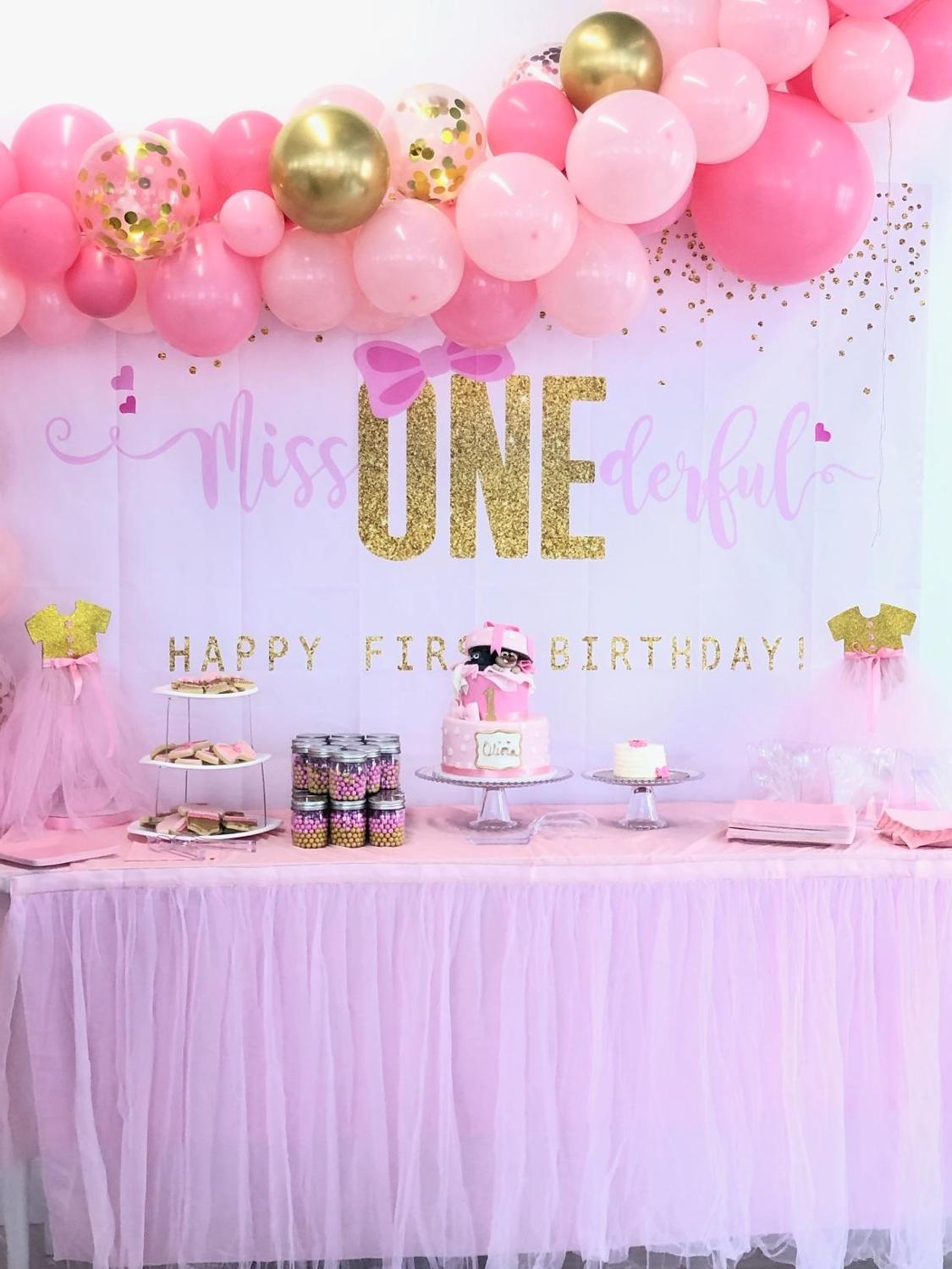 Toile de fond pour 1er anniversaire de filles, avec nœud rose et points dorés, décor de fête d'anniversaire pour filles, bannière d'anniversaire Little Miss Onederful