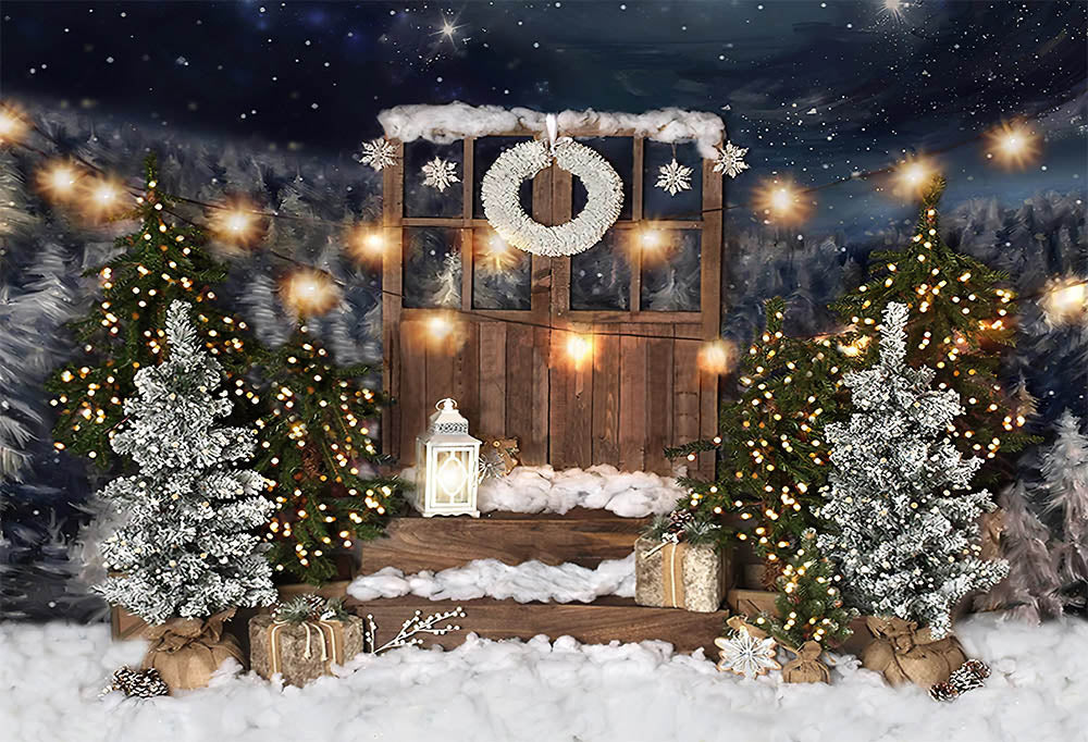 Christmas Snow Photography Backdrops Wooden Door Pine moon Decor Backdrop Children Portrait Photocall Background Photo Studio