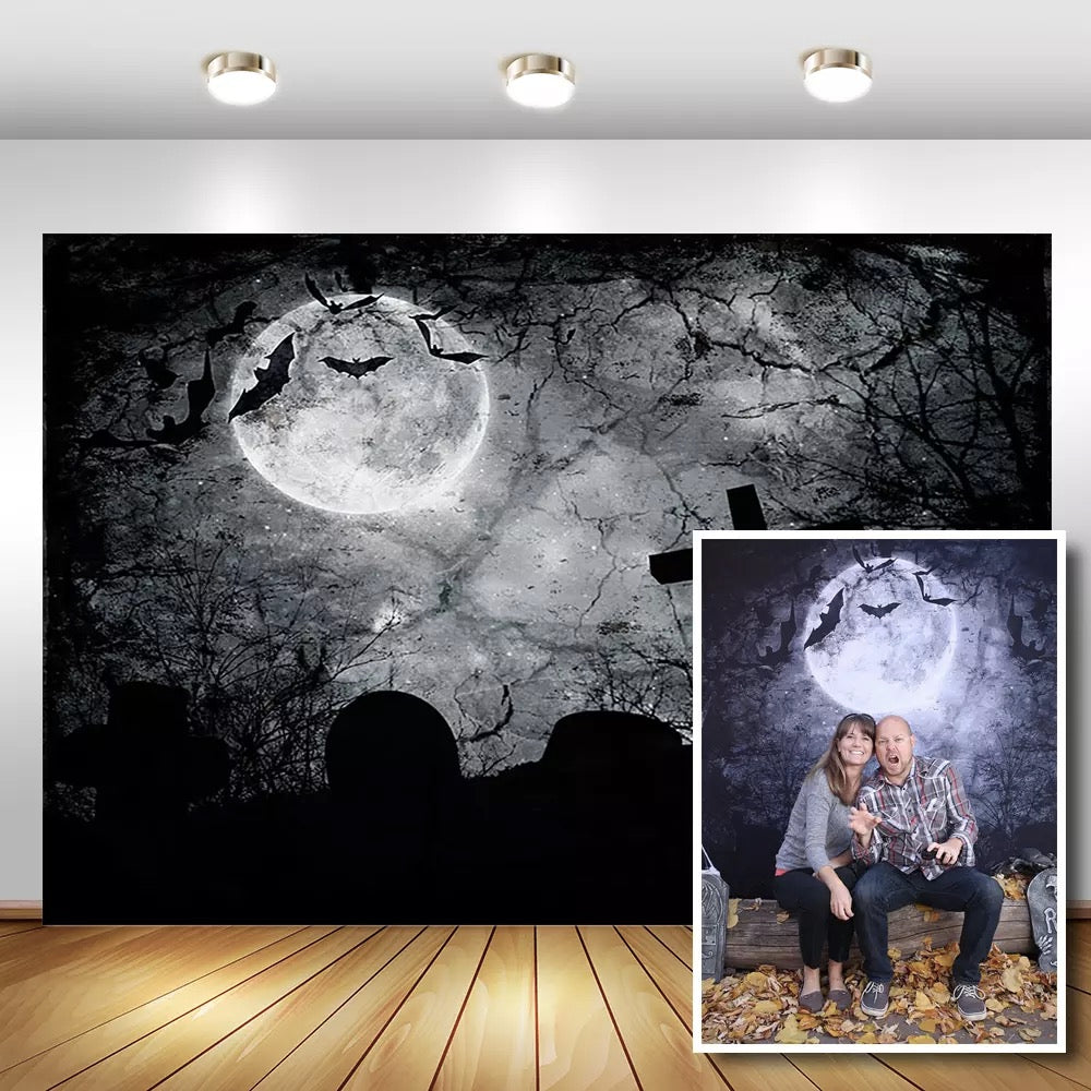 Arrière-plan de photographie de fête d'halloween, accessoires Photo de lune de la forêt noire, arrière-plan de stand de Studio, arrière-plan de chauve-souris en croix