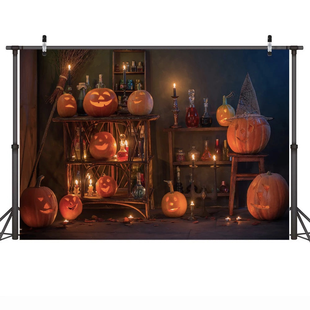 Arrière-plan de photographie de lanterne de citrouille d'halloween, maison de magicien, arrière-plan de Portrait d'enfants, bougie Potion pour séance photo