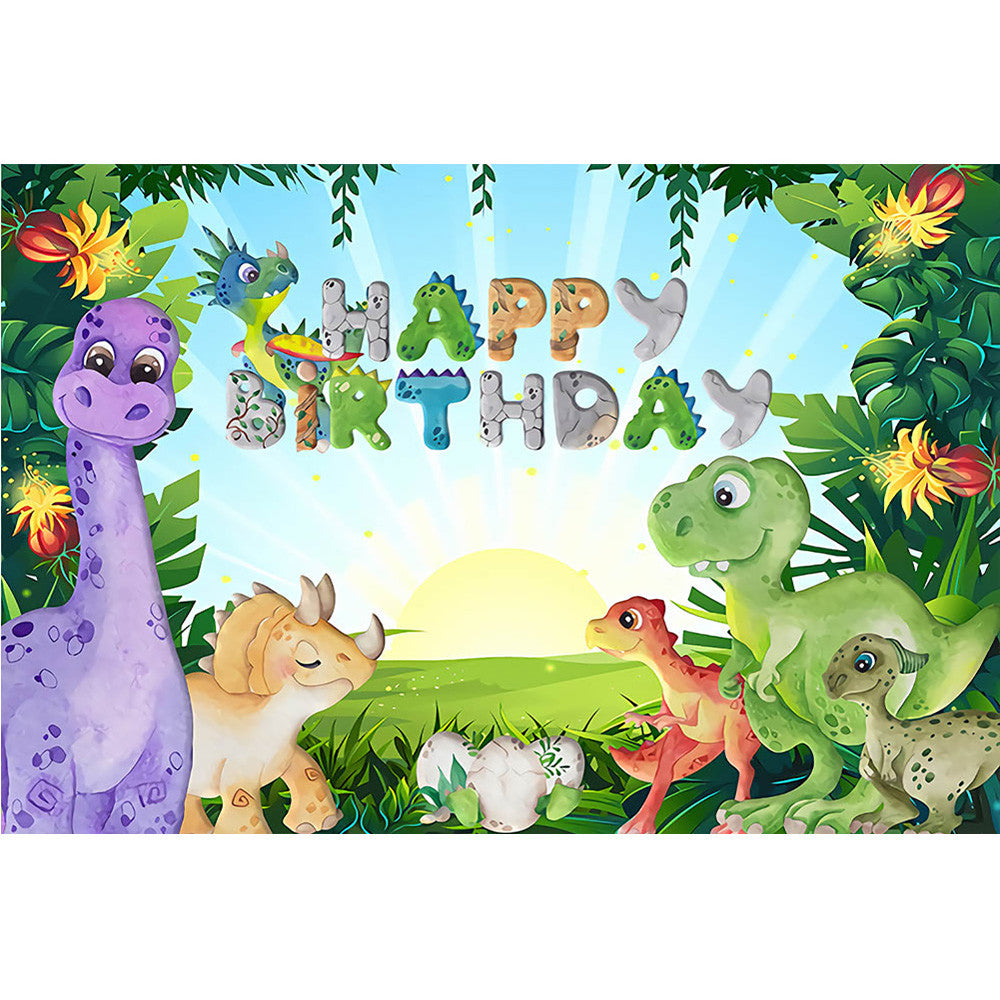 Jungle Cartoon Dinosaur Happy Birthday Backdrop Safari Party Newborn Dinosaur 1st Birthday Background Green Leaves Sunshine